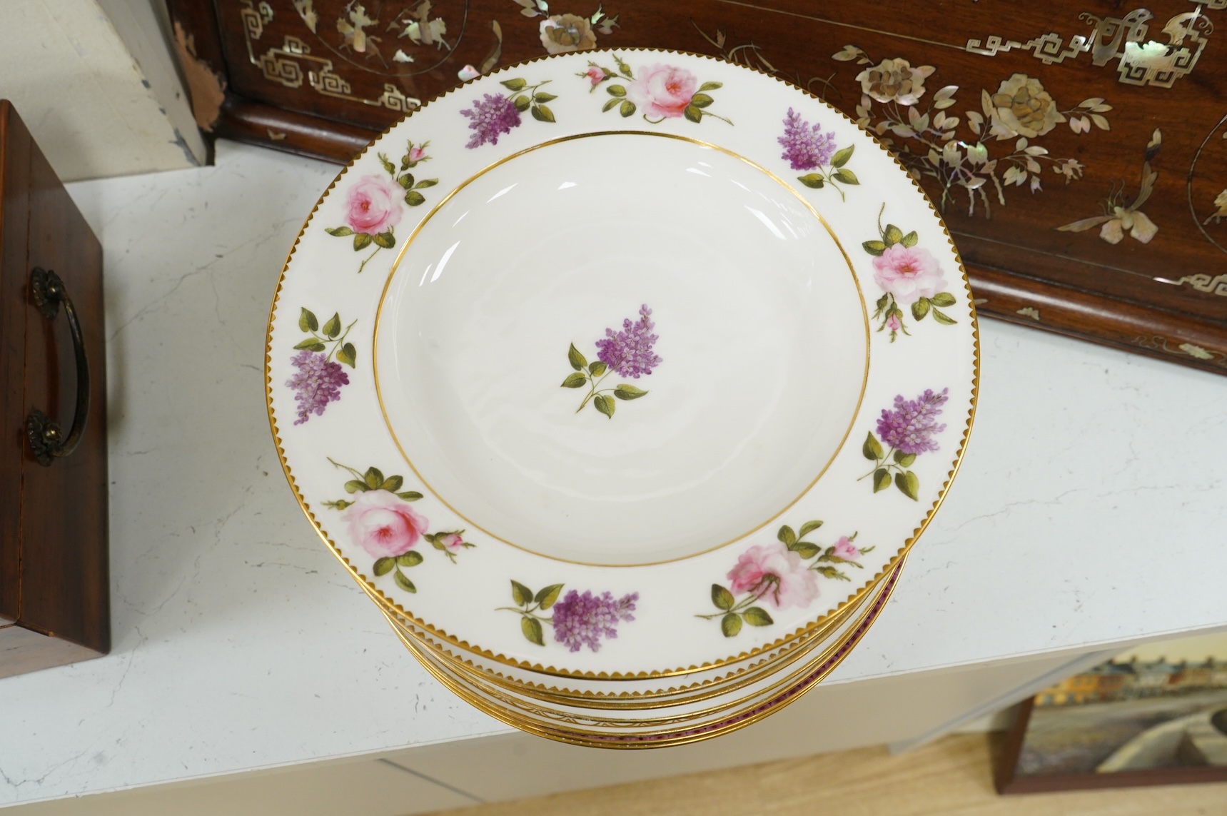 A group of nine mid 19th century Paris porcelain flower painted sample plates, 25cm in diameter
